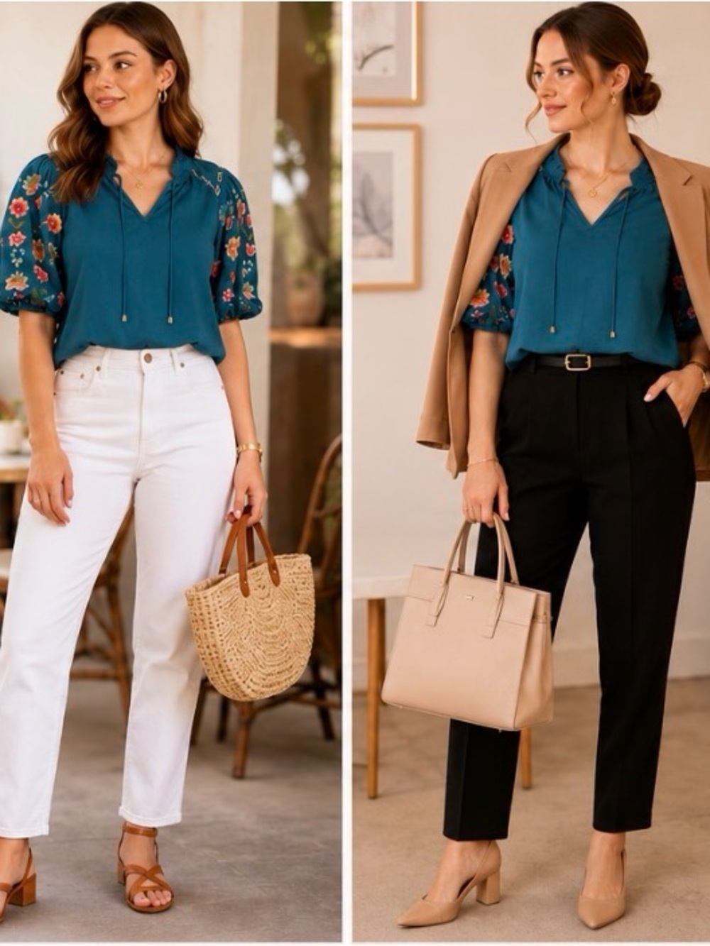 Umgee Teal Embroidered Sleeve Blouse Sz L - Picture 9 of 12
